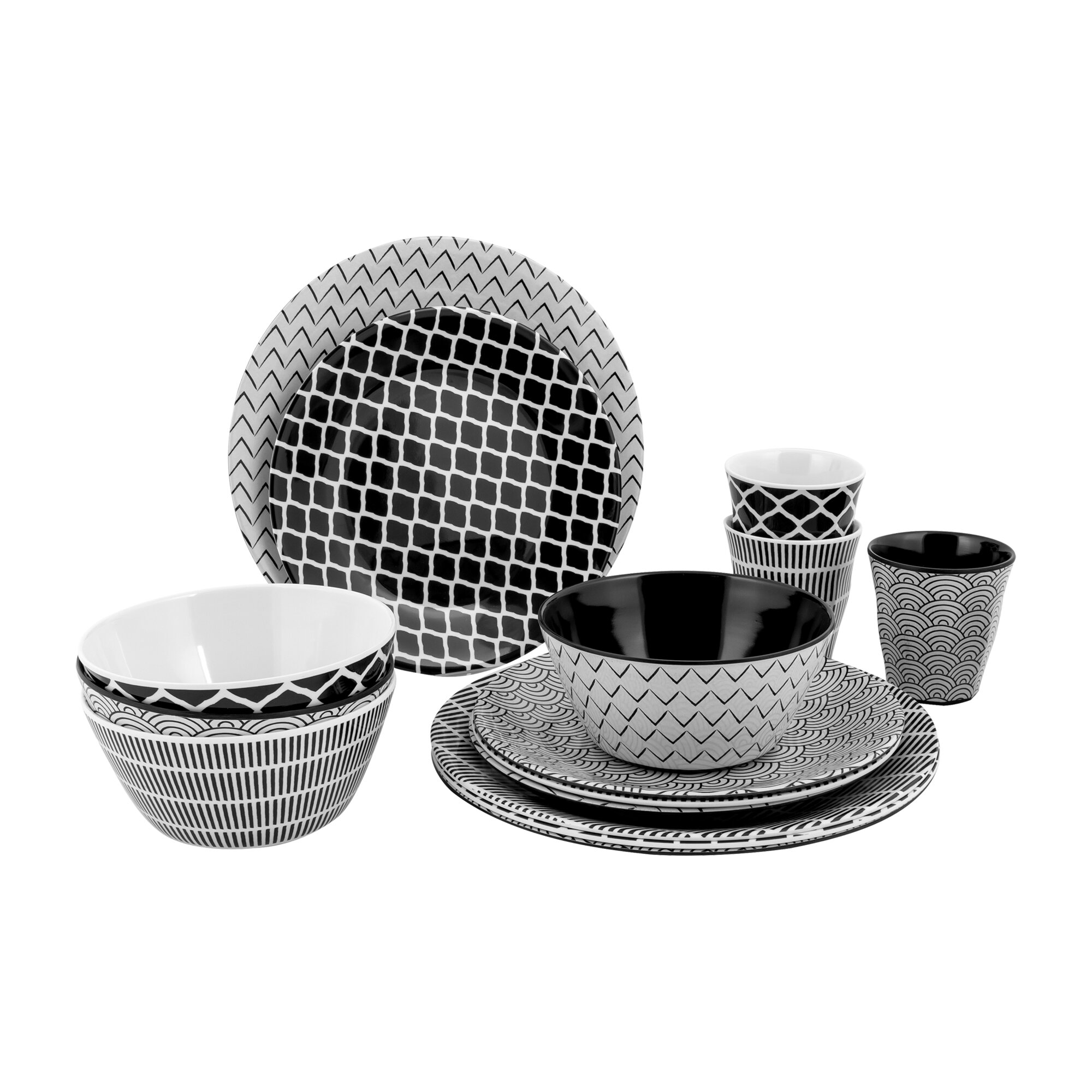 Geschirrserie Mix & Match, 16-teilig, schwarz/weiß