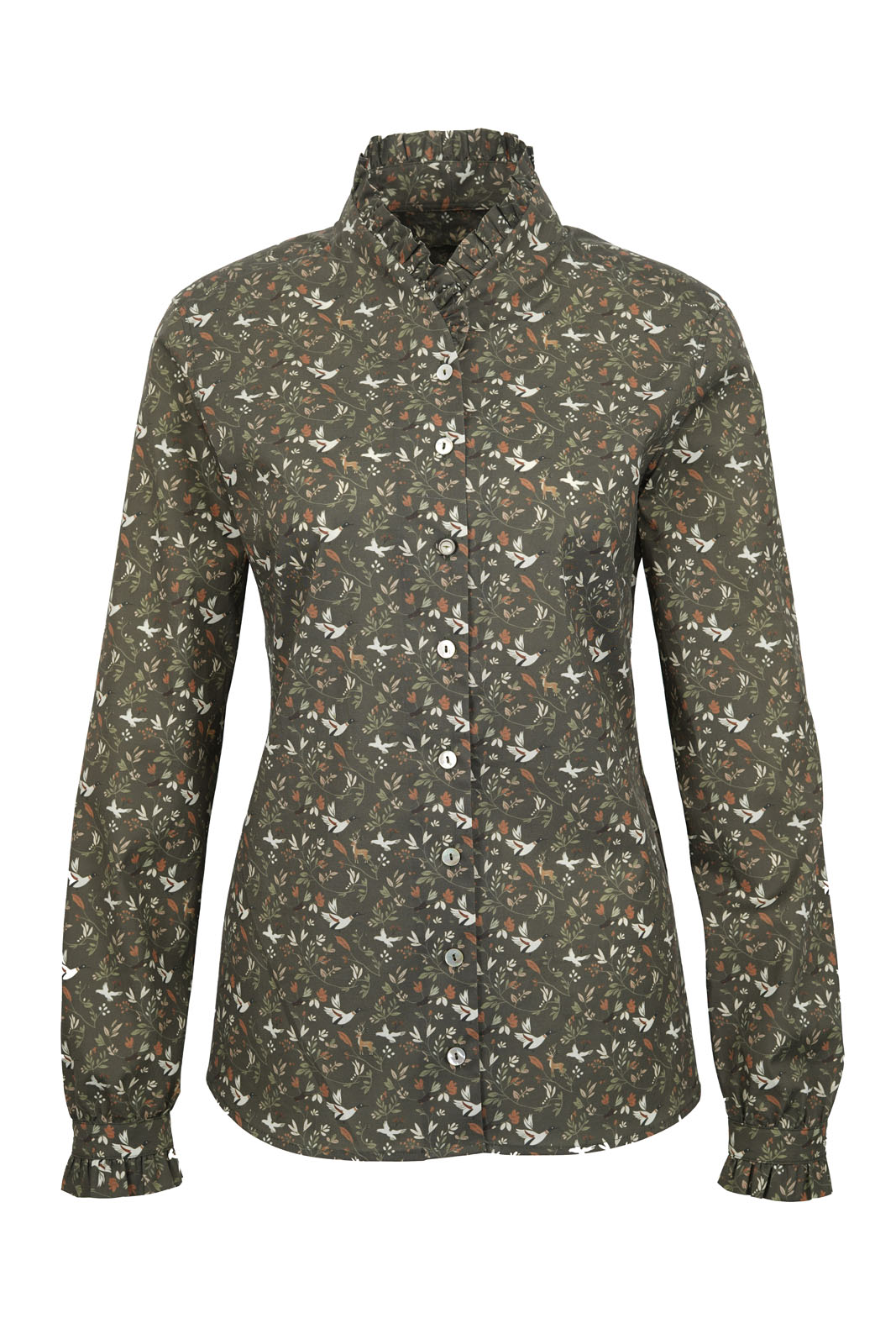 Jagdhund Bluse mit Rüschen für Damen