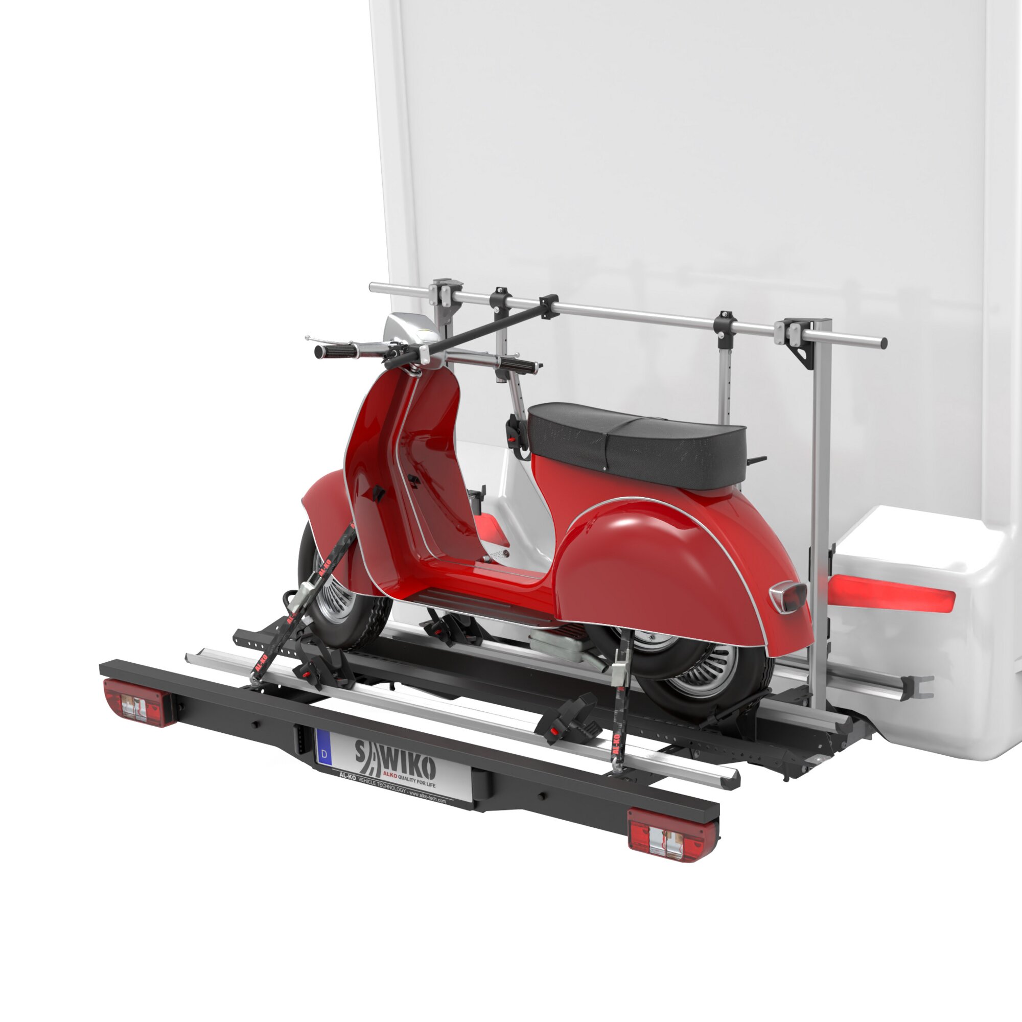 Lastenträger Vario mit Halogen-Beleuchtung für 1 Motorroller und 2 Fahrräder